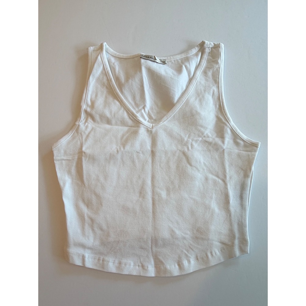 Zenana White V-Neck Crop Tank Top Womens Large Cotton Blend Sleeveless